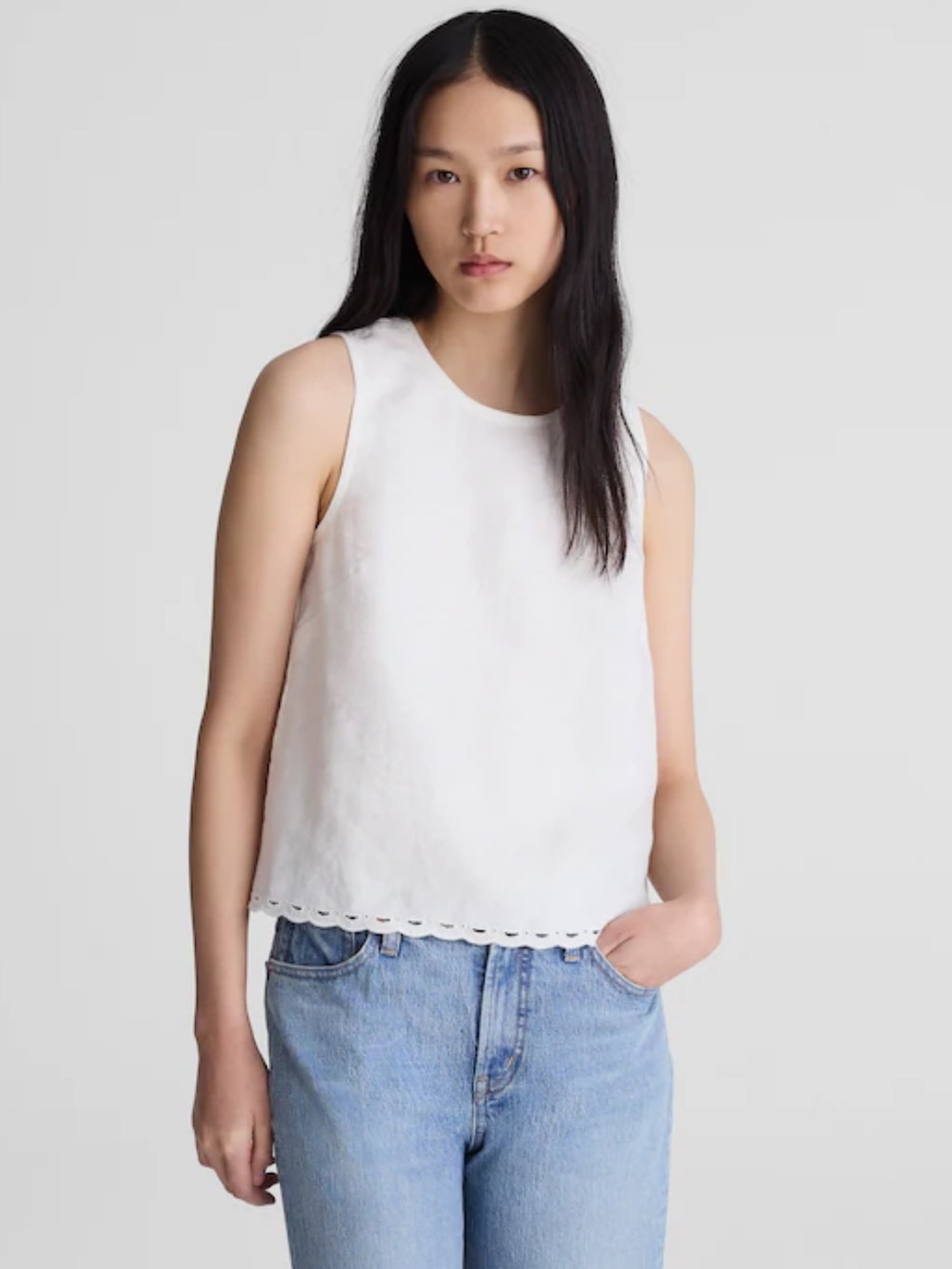 Madewell White Sleeveless Scallop Hem Tank Linen Shell Top XS Ivory Cottagecore